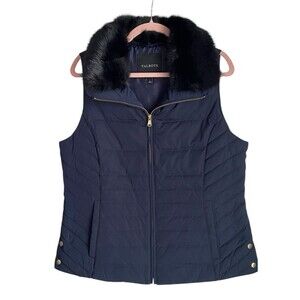 Talbots Women’s Large Navy Puffer Vest Faux Fur Collar Zip Front